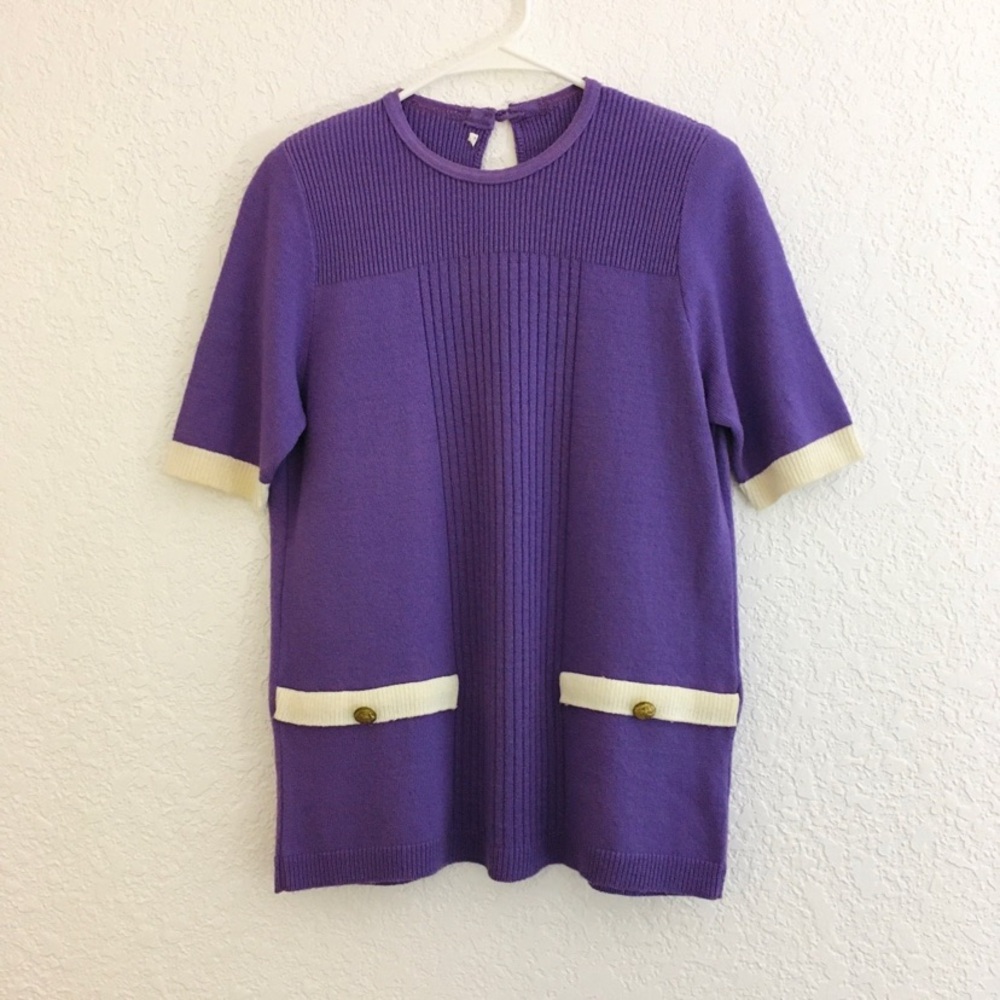 Vintage Retro Knitted Sweater Tee Shirt Top White Trim Faux Pockets Size M